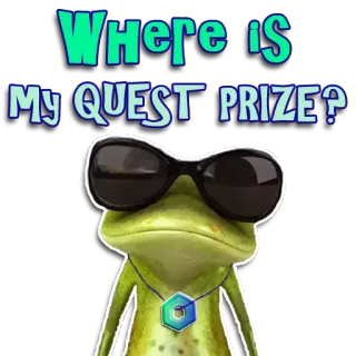 👀 d60d3f3e Where is MY QUEST, PRIZE? rana, misión, premio, gafas de sol, rana de dibujos animados telegram sticker