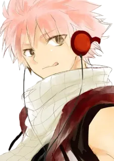 🎵 17b6a3d0 Natsu Dragneel Fairy Tail 动漫, 漫画, 妖精的尾巴, 纳兹·多拉格尼尔, 角色, 粉色头发, 耳机 telegram sticker