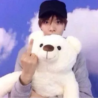 🖕 b8e015b3 นิ้วกลาง, ท่าทางหยาบคาย, ตุ๊กตาหมี, คน, หมวกแก๊ป, เมฆ, ท้องฟ้า telegram sticker