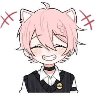 😁 0963c90d garçon animé, oreilles de chat, collier ras du cou, sourire, mignon, cheveux roses telegram sticker