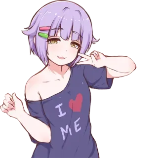 😏 70f13ddd I ❤️ ME anime, cinta diri, kartun, rambut ungu, hati, karakter telegram sticker