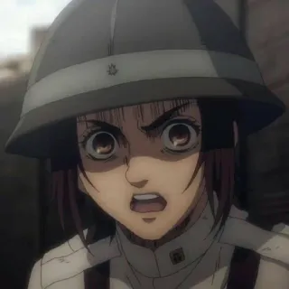 🔫 91f7fd30 Gabi Braun Attack on Titan 动漫, 角色, 贾碧·布劳恩, 进击的巨人, 军事, 头盔, 生气 telegram sticker