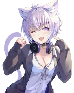 😍 2ec216e3 애니메이션, 고양이귀, 헤드폰, 보라색, 귀여운, 윙크 telegram sticker