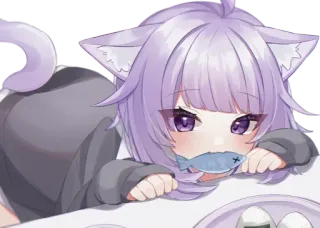 😍 5fe5c8fb 고양이 소녀, 애니메이션, 귀여운, 귀여운, 물고기, 보라색 머리 telegram sticker