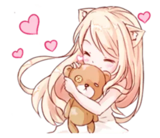 😘 127b05d7 Anime, Chica, Orejas de gato, Oso de peluche, Lindo, Corazones, Kawaii, Sticker telegram sticker