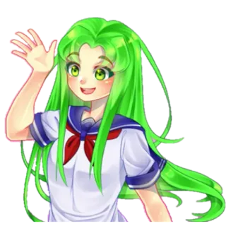 ✋ 108d041a Anime, Dziewczyna, Mundur szkolny, Zielone włosy, Machanie telegram sticker