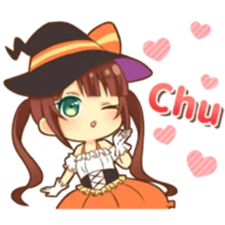 😘 3ae23737 Chu schattig, chibi, anime, Halloween, heks, meisje, cartoon telegram sticker