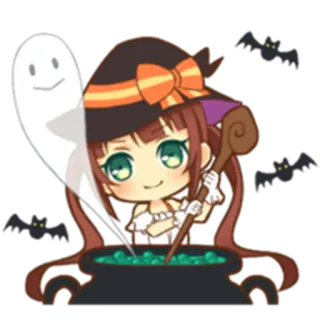 😄 58ff41fa Halloween, Heks, Spook, Drankje, Vleermuizen, Chibi, Cartoon telegram sticker