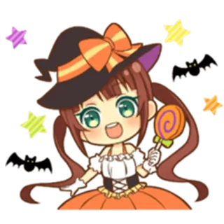😃 6ec3e356 halloween, heks, snoep, chibi, kawaii, schattig, cartoon, vleermuis, sterren telegram sticker