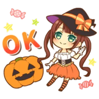 👍 7f2d1d7e OK halloween, heks, pompoen, snoep, chibi, ok telegram sticker