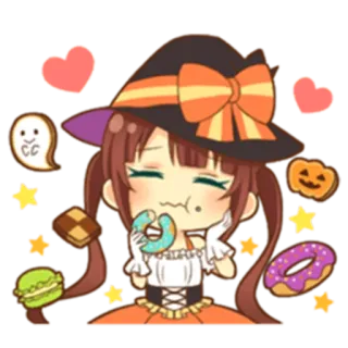 😚 a0daac86 schattig, Halloween, heks, donut, spook, pompoen telegram sticker