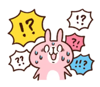 ⁉ 0a590693 królik, nerwowy, spocony, znaki zapytania, wykrzykniki, kreskówka, różowy, kawaii telegram sticker