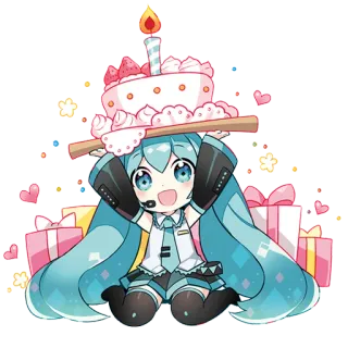 🎂 60a3771c Hatsune Miku Anime, Vocaloid, Hatsune Miku, Anniversaire, Gâteau, Kawaii, Chibi, Mignon telegram sticker