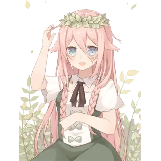 😄 9aa734ed 动漫, 女孩, 卡哇伊, 可爱, 树叶皇冠, 粉色头发 telegram sticker