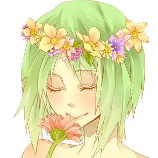 🌸 2121abd4 anime, meisje, bloem, krans, groen haar, vredig telegram sticker