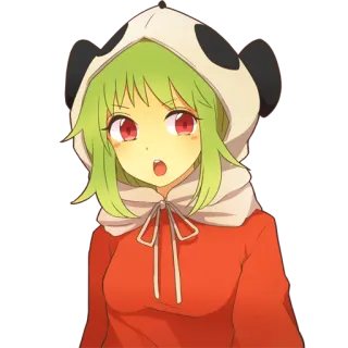 😠 664c0380 Anime meisje, Panda hoodie, Groen haar, Rode ogen, Schattig, Kawaii telegram sticker