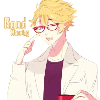 ✋ 99fbb667 Good Morning buongiorno, saluto, anime, personaggio, occhiali, allegro telegram sticker