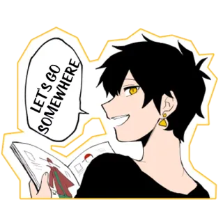 😄 10f92a70 LET'S GO SOMEWHERE dibujo animado, anime, chico, leyendo, bocadillo de diálogo, fondo amarillo whatsapp sticker
