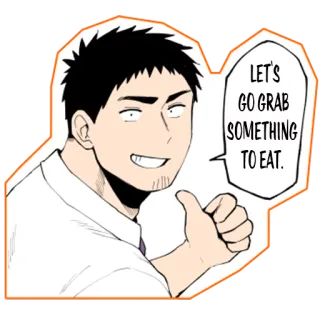 😁 59bdcc49 LET'S GO GRAB SOMETHING TO EAT. hombre, dibujo animado, pulgar arriba, comida, comiendo, pegatina whatsapp sticker