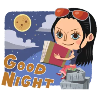 💤 2c68a89a Nico Robin One Piece Good Night animé, bonne nuit, lune, dessin animé, femme, lecture, livre telegram sticker