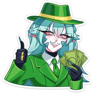 😈 0601d347 Kartun, Uang, Karakter, Hijau, Peri, Topi whatsapp sticker