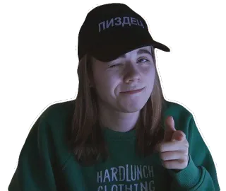 👉 53426e91 ПИЗДЕЦ 女孩, 帽子, 眨眼, 指着, 休闲, 青少年, 冒犯 telegram sticker