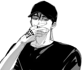 🌟 fc169827 Stile anime, Uomo, Ritratto, Tatuaggio, Cappellino, Monocromatico telegram sticker