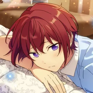 😞 d5938e4c Anime, Potret, Anak laki-laki, Rambut merah, Berbaring, Lelah, Mata ungu, Pria whatsapp sticker