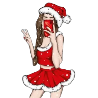 🫥 06b68be1 Noël, bonnet de Père Noël, fille, signe de paix, festif, illustration, selfie, vacances telegram sticker