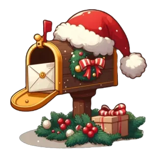 🫥 4db72209 boîte aux lettres, Noël, fête, lettre, cadeau, bonnet de Père Noël, couronne telegram sticker