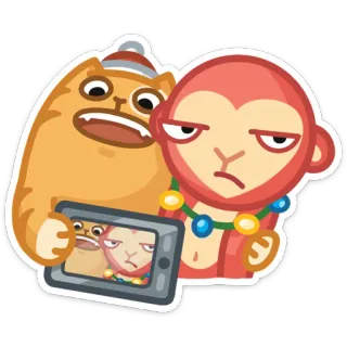 🎅 b35d74b0 мультфильм, кот, обезьяна, селфи, планшет telegram sticker