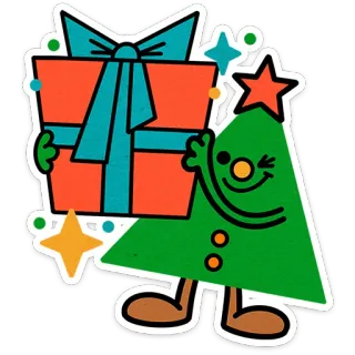🎄 e8694c0c Navidad, regalo, árbol de Navidad, fiesta, dibujos animados, obsequio, estrellas, festivo whatsapp sticker