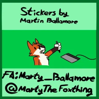 🦊 abb4192a Stickers by Martin Ballamore
FA:Marty_Ballamore
@MartyTheFoxthing pegatina, zorro, artista, arte digital, dibujos animados telegram sticker