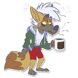 😴 123d425f antropomórfico, zorro, café, dibujos animados, cansado, animal, personaje telegram sticker