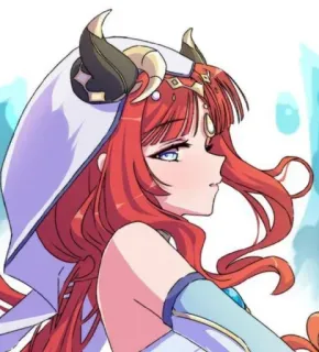 💧 63132337 anime, mujer, pelo rojo, capucha, cuernos, femenina, ilustración, personaje telegram sticker