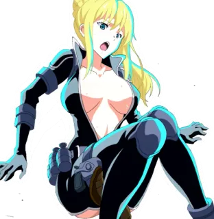😫 f61bfe2c anime, woman, blonde, blue eyes, suit, gloves, armor telegram sticker