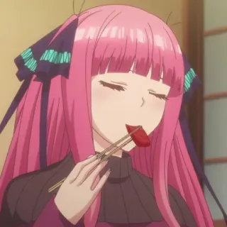 😋 32ba2ac8 Nino Nakano The Quintessential Quintuplets anime, food, eating, chopsticks, pink hair, character, manga, the quintessential quintuplets whatsapp sticker