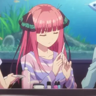 😒 4edfcdab Nino Nakano The Quintessential Quintuplets anime, Nino Nakano, The Quintessential Quintuplets, character, pink hair, butterfly, nail polish whatsapp sticker
