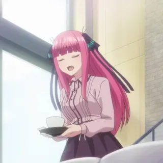 😓 ffba64a8 Nino Nakano The Quintessential Quintuplets anime, pink hair, girl, cartoon, happy, smile whatsapp sticker