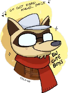 🤢 16b1a9b9 GO GET DEAD ANGEL FACE
EW CUTE BOYS szop pracz, zwierzę, kreskówka, okulary, szalik telegram sticker