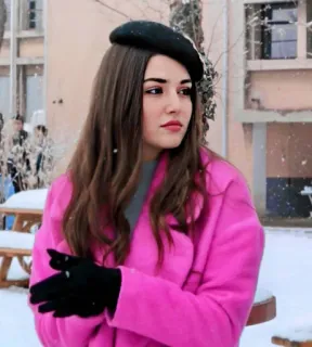 💓 25765367 wanita, mantel merah muda, baret, salju, musim dingin, potret telegram sticker