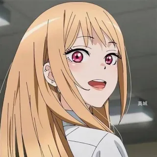 😃 ae904b76 Marin Kitagawa My Dress-Up Darling 真城 anime, character, woman, portrait, blonde hair, pink eyes telegram sticker