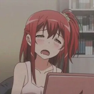 😫 596719b7 Anime, Mädchen, rote Haare, Computer, müde, schläfrig whatsapp sticker