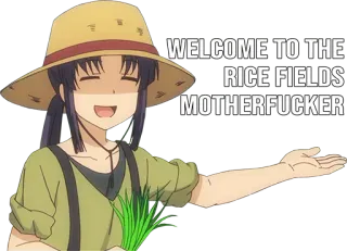 🍚 87c5f9d0 WELCOME TO THE RICE FIELDS MOTHERFUCKER! Anime, Rizières, Offensant, Vulgaire, Mème telegram sticker
