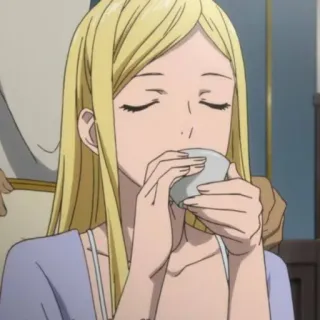 💈 e8ff0099 mujer, anime, bebiendo, pelo rubio, personaje, ilustración telegram sticker