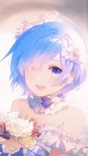 ✨ 8b1ab945 Rem アニメ, 女性, キャラクター, 可愛い, ポートレート, 青髪, 花, 笑顔 telegram sticker