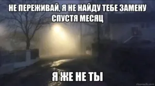 😅 e7e6ed1b НЕ ПЕРЕЖИВАЙ, Я НЕ НАЙДУ ТЕБЕ ЗАМЕНУ СПУСТЯ МЕСЯЦ
Я ЖЕ НЕ ТЫ 俄语, 表情包, 文字, 街头, 冬天, 灯 whatsapp sticker