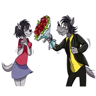 💐 094f6375 cartoon, wolf, bloemen, romantiek, liefde, boeket telegram sticker