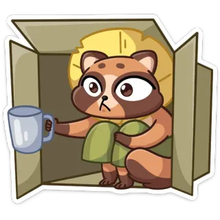 ☹️ f6bb5e79 енот, коробка, просит, мультфильм, животное, милый, иллюстрация telegram sticker