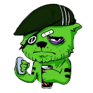 👊 2cd25a91 cat, cartoon, animal, green, cap, drink, eyepatch whatsapp sticker
